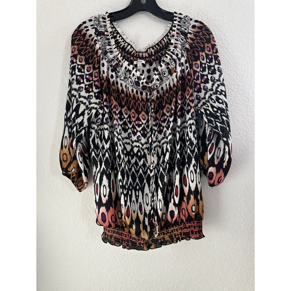 NICOLA Liquid Satin Blouse L Off the Shoulder Peasant Sleeves Smocked Abstract